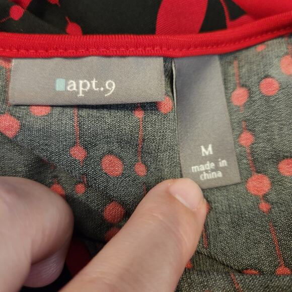 APT 9 Black Red Floral Dot Dash Artsy Art To Wear Midi Dress Pin Up Womens M - Picture 4 of 10